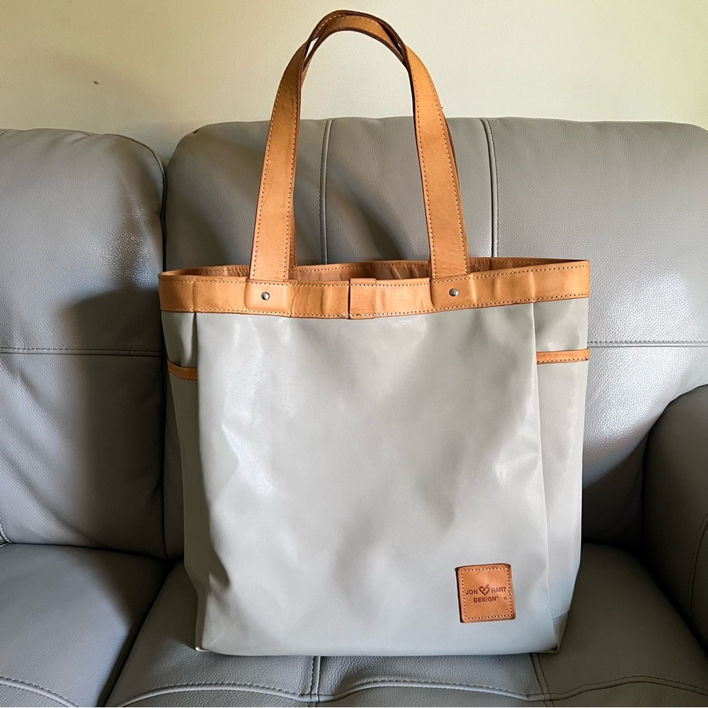 Jon Hart Left Bank Tote Bag Tan Coated Canvas and Leather Book Bag Work Travel